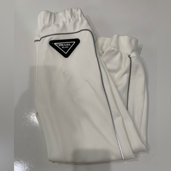 Prada White Cotton Jogger Pants Women’s Large Grey Side Stripe Emblem wom size L - Picture 11 of 15